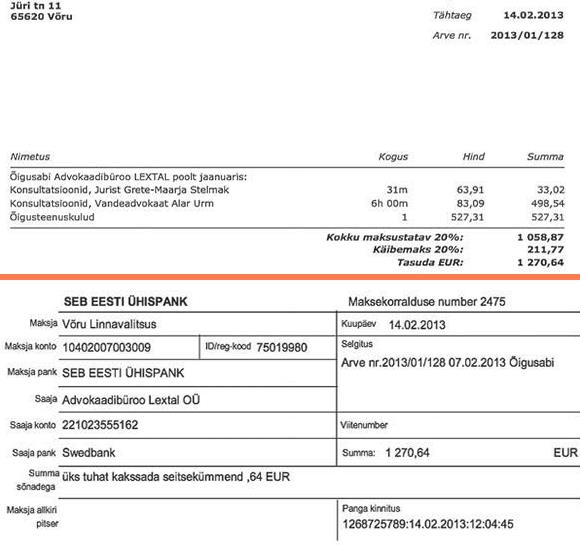 Väljavõtted dokumentidest, mis näitavad, et Võru linnavalitsus tasus advokaadibüroo Lextal arve eest.